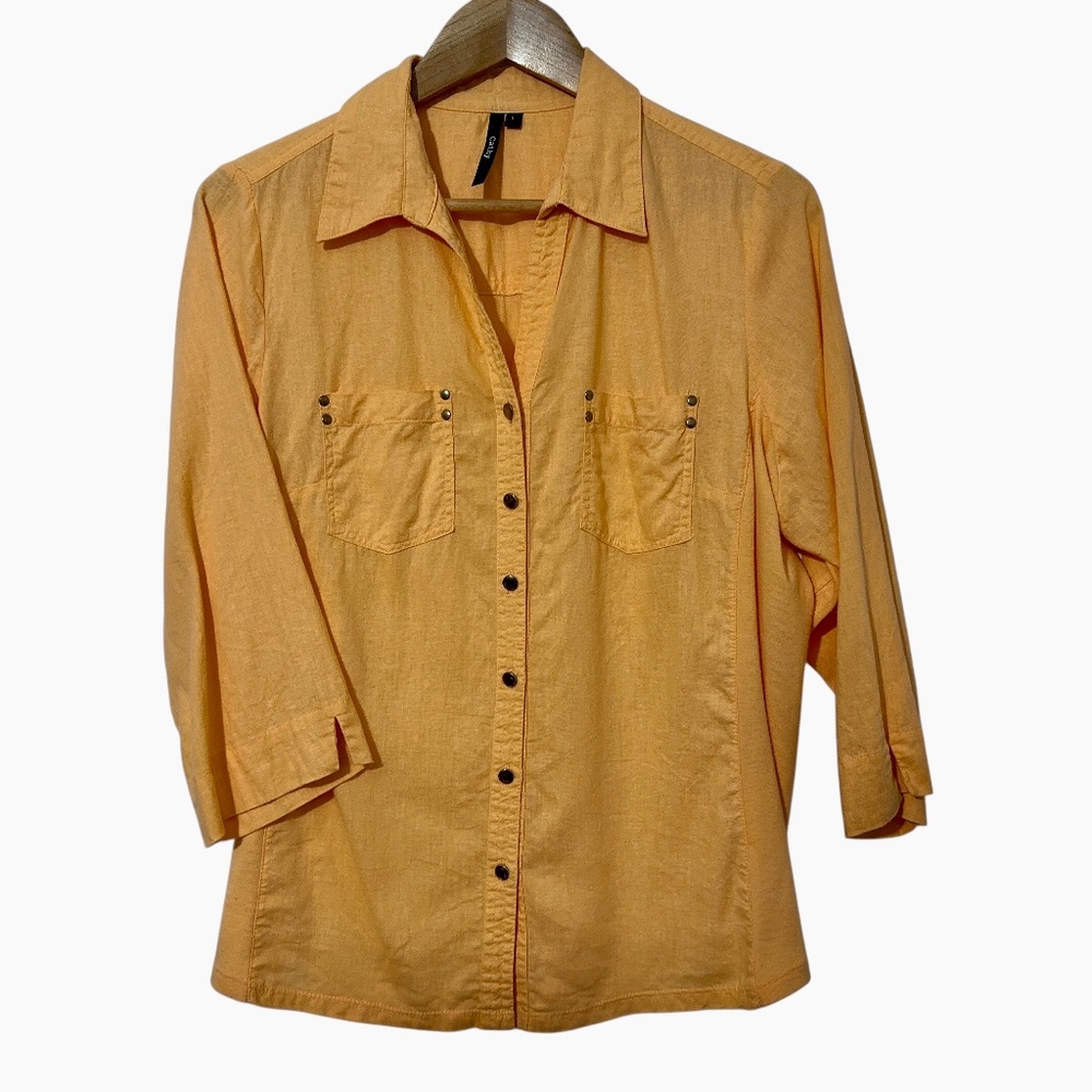 Cathy Linen Bld Shirt Womens Size L Button Up Brass Rivet Fall Casual